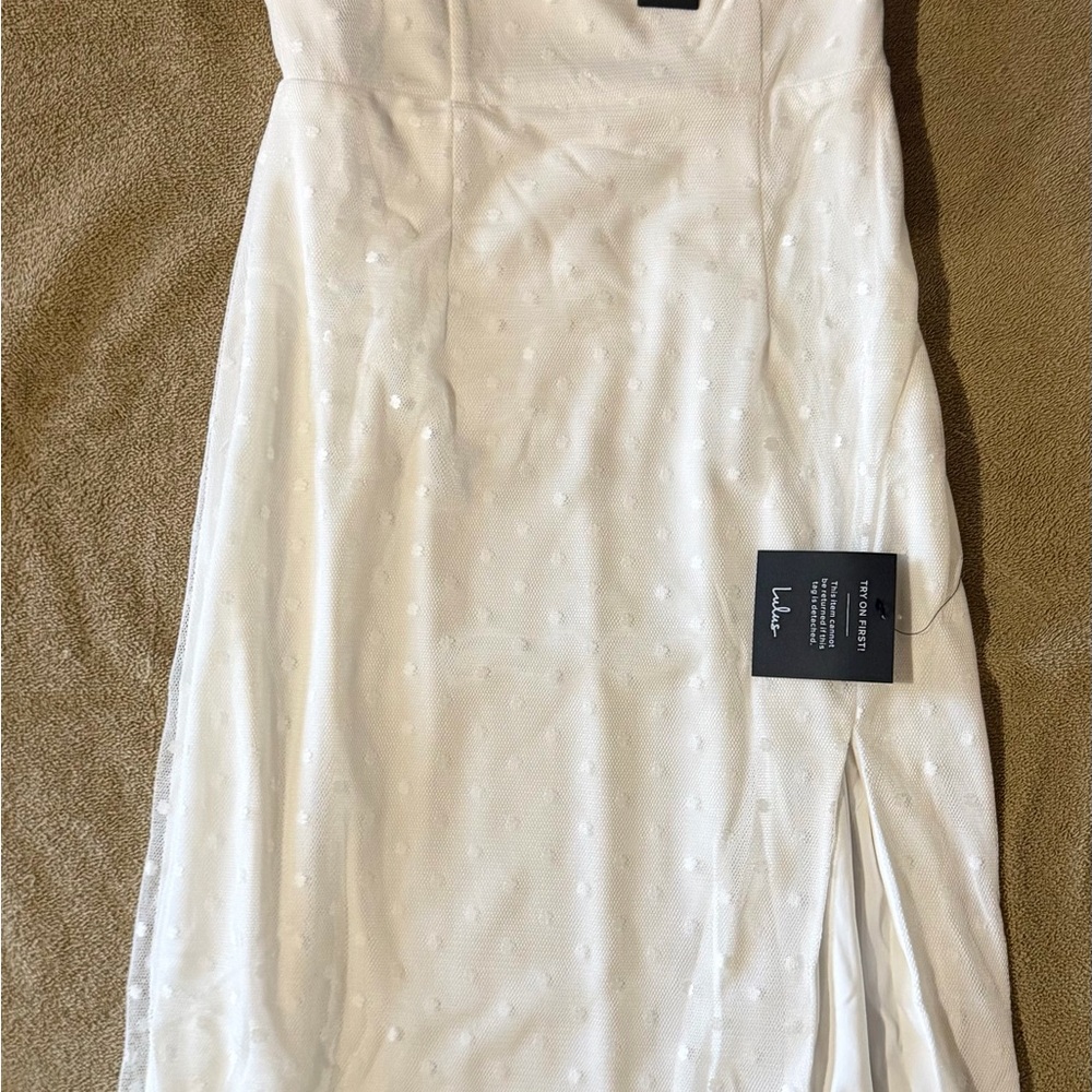 Lulus Amazing Glamour White Polka Dot Mesh One-Shoulder Midi Dress